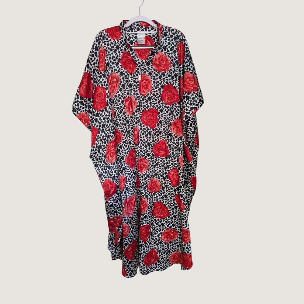 Simply Basic Vintage Maximalist Red Rose Leopard Print Zip Front Maxi Kaftan